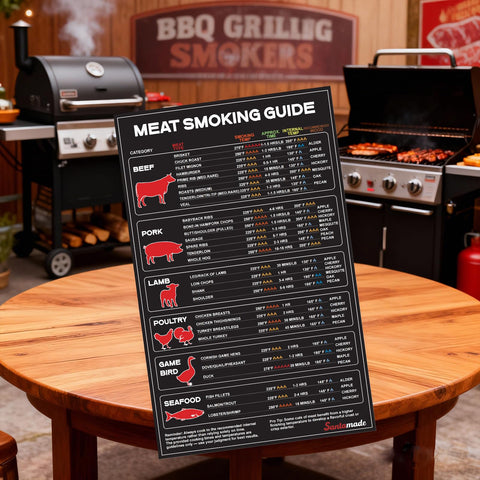 Kitchen scene shows timing and temp guidance for meats