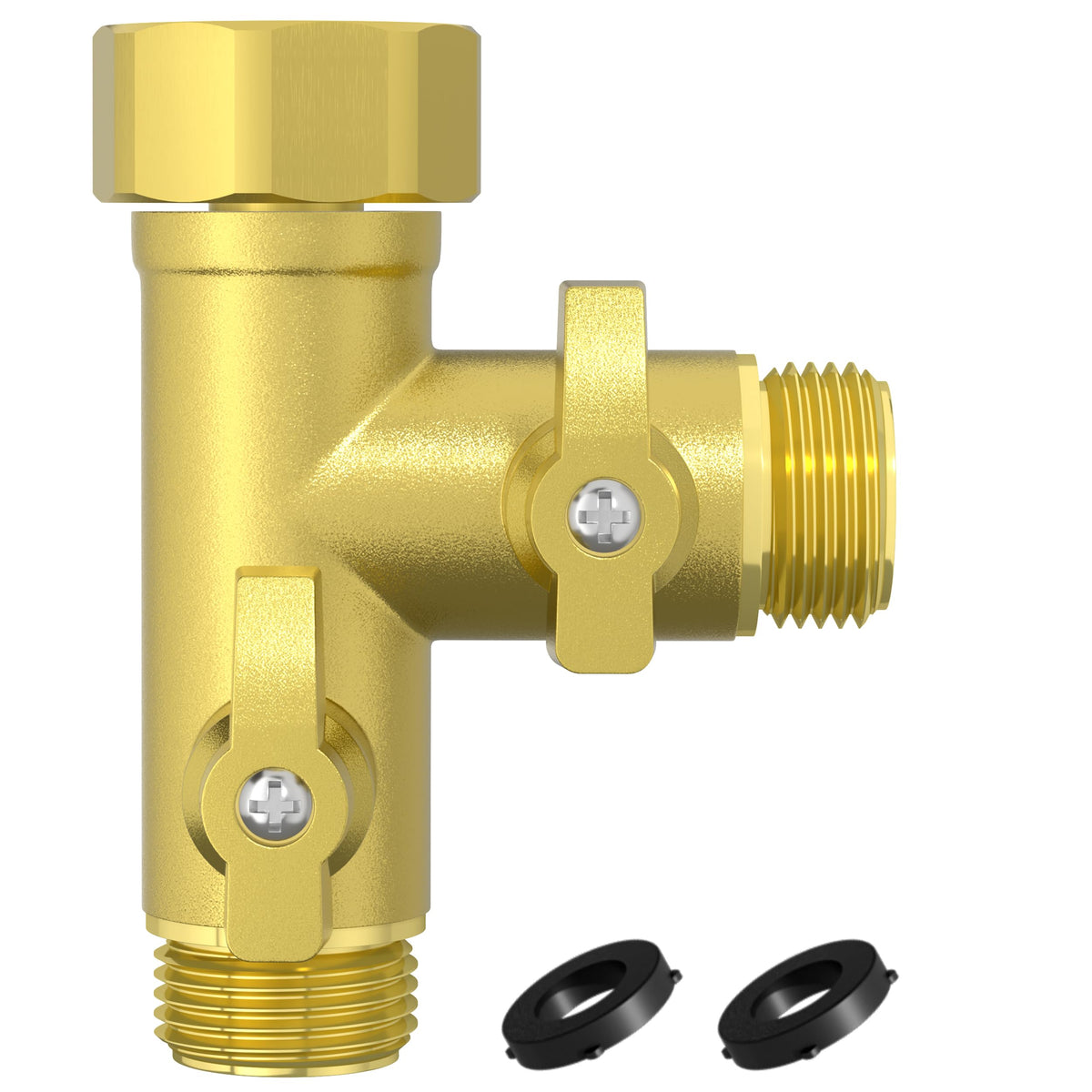 SANTONG high-flow solid metal 2-way hose splitter ready for outdoor watering tasks.