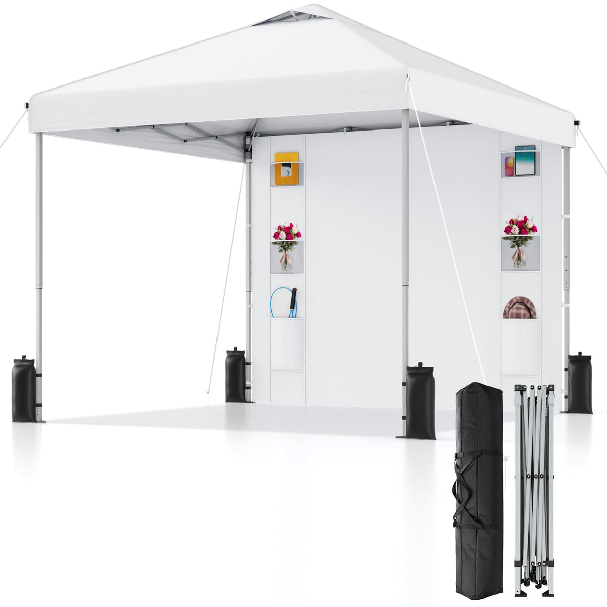 SANWAY 10x10 pop up canopy frame in setup mode for quick one-person use