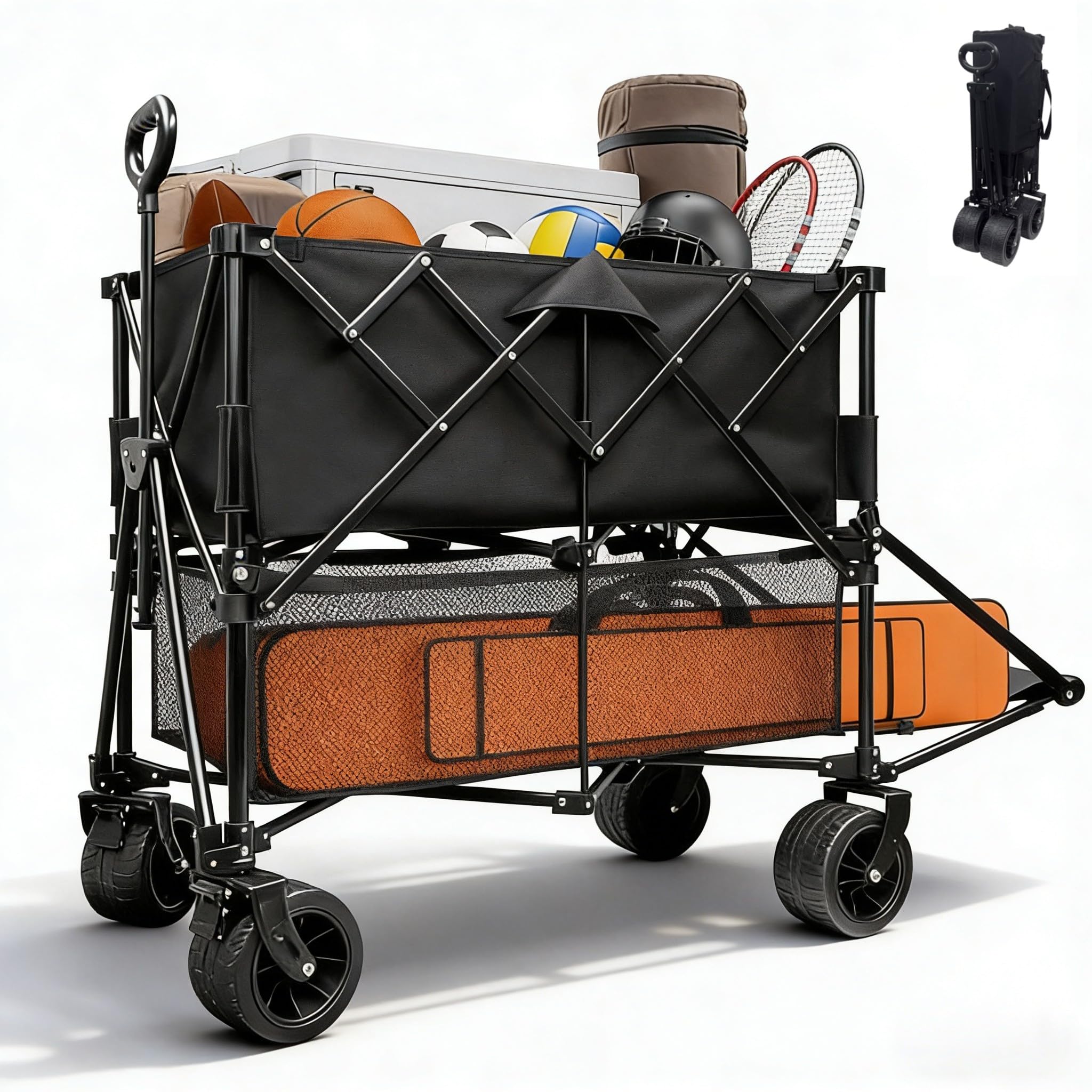 SANYCASA 400L double-decker wagon extended for camping gear organization.