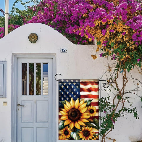 Saoplasa buffalo plaid detail on garden flag adds rustic porch charm.