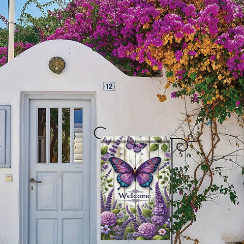 Saoplasa butterfly garden flag back view shows double-sided print from any angle