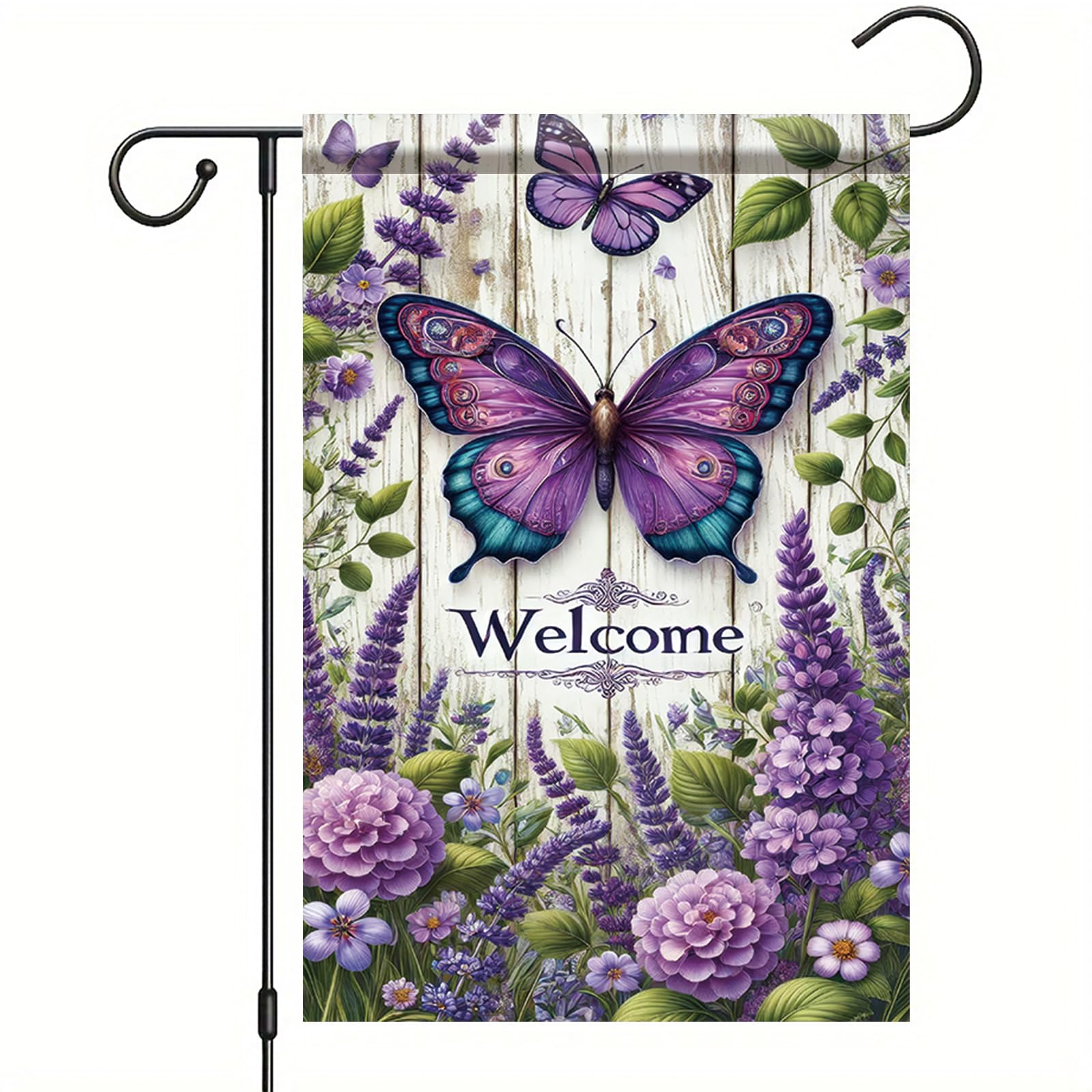 Saoplasa butterfly garden flag front view with lavender blooms for curb appeal