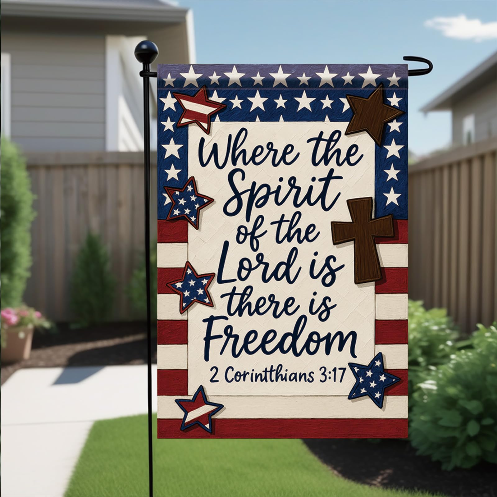Saoplasa flag for porch during holidays communicates faith outdoors.