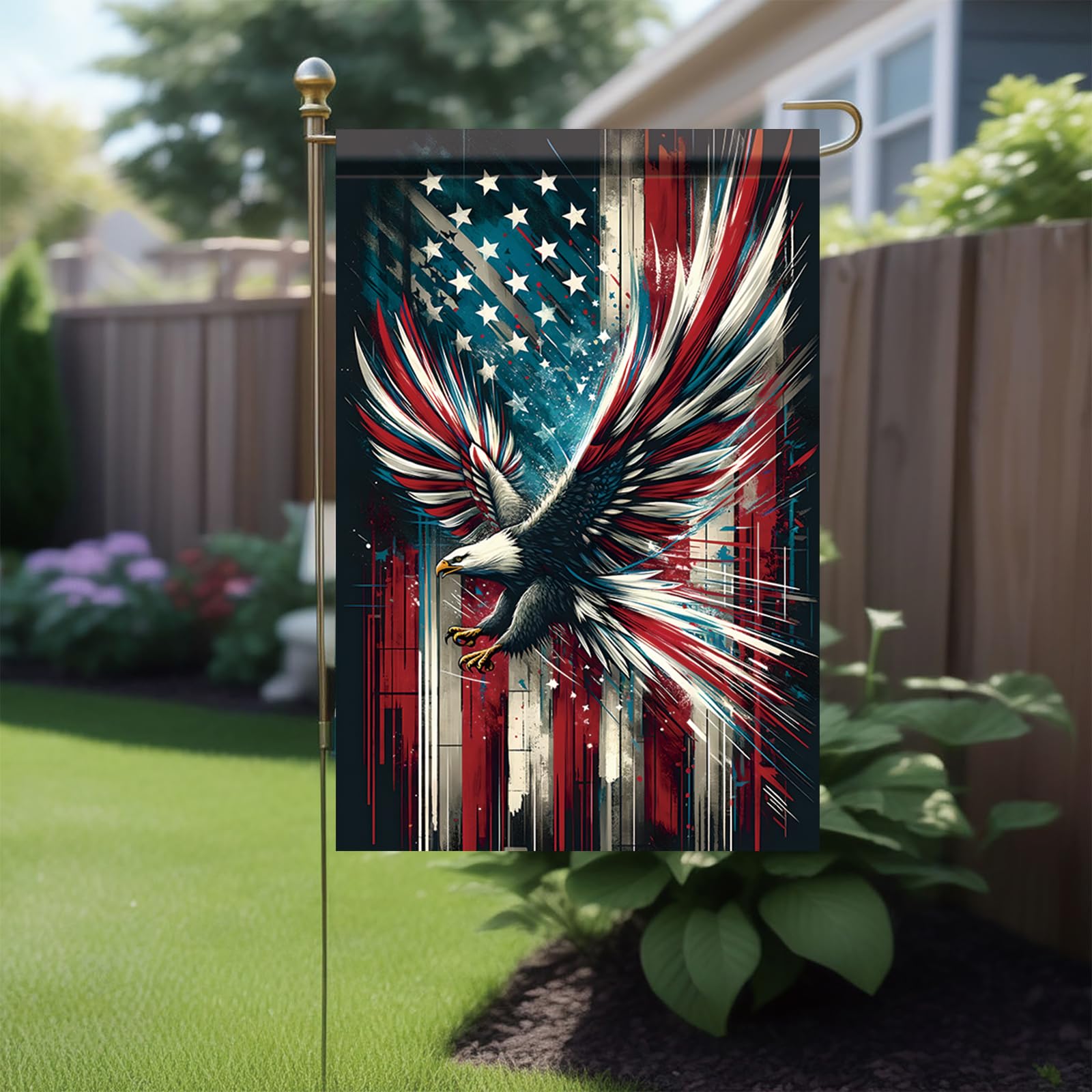 Saoplasa double-sided patriotic flag offers vibrant colors from front and back in any yard.