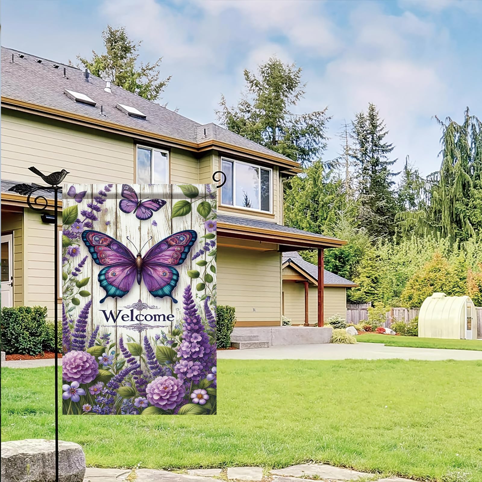 Saoplasa floral butterfly flag enhances curb appeal and garden color