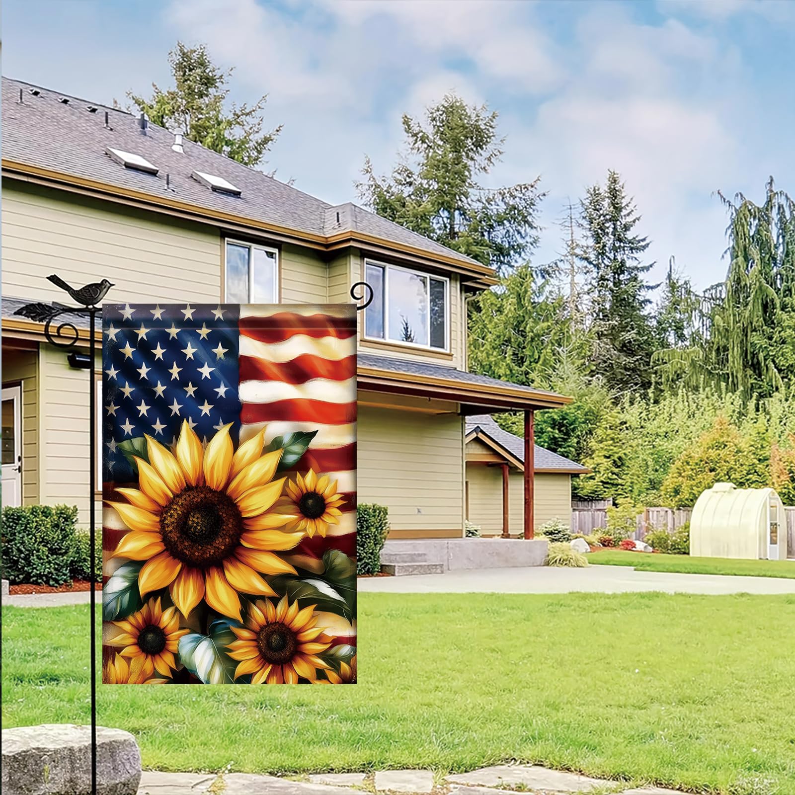 Saoplasa Memorial Day flag complements garden and entryway displays.
