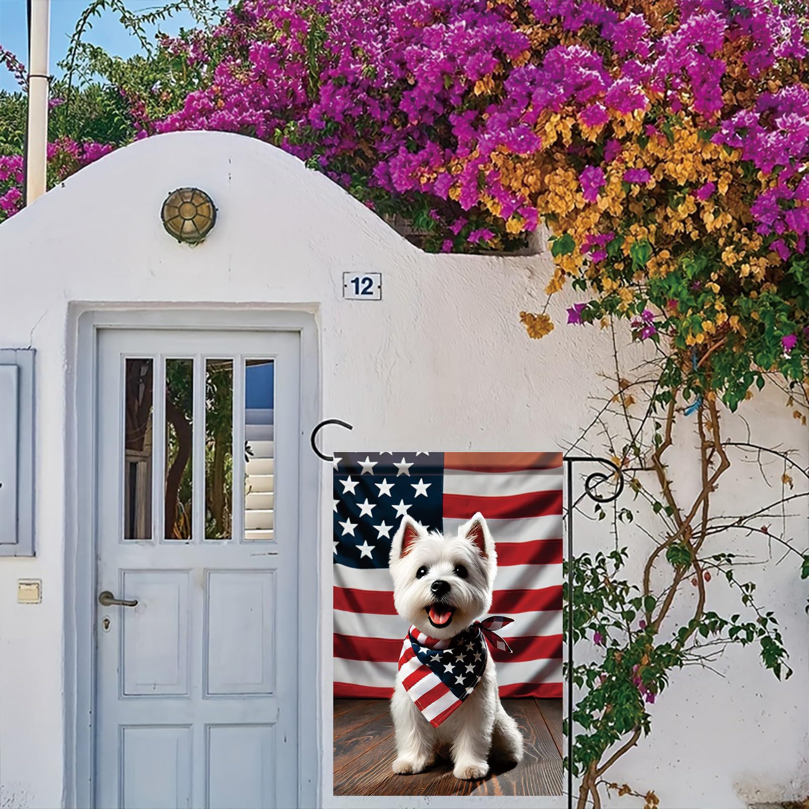 Saoplasa outdoor patriotic banner featuring Westie, ideal for yard display.