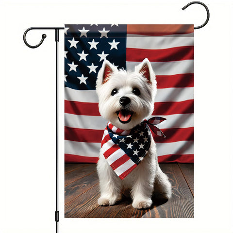 Saoplasa patriotic Westie garden flag with American flag backdrop for outdoor display.