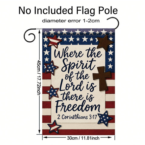 Saoplasa garden flag verse displayed at entry invites reflection.