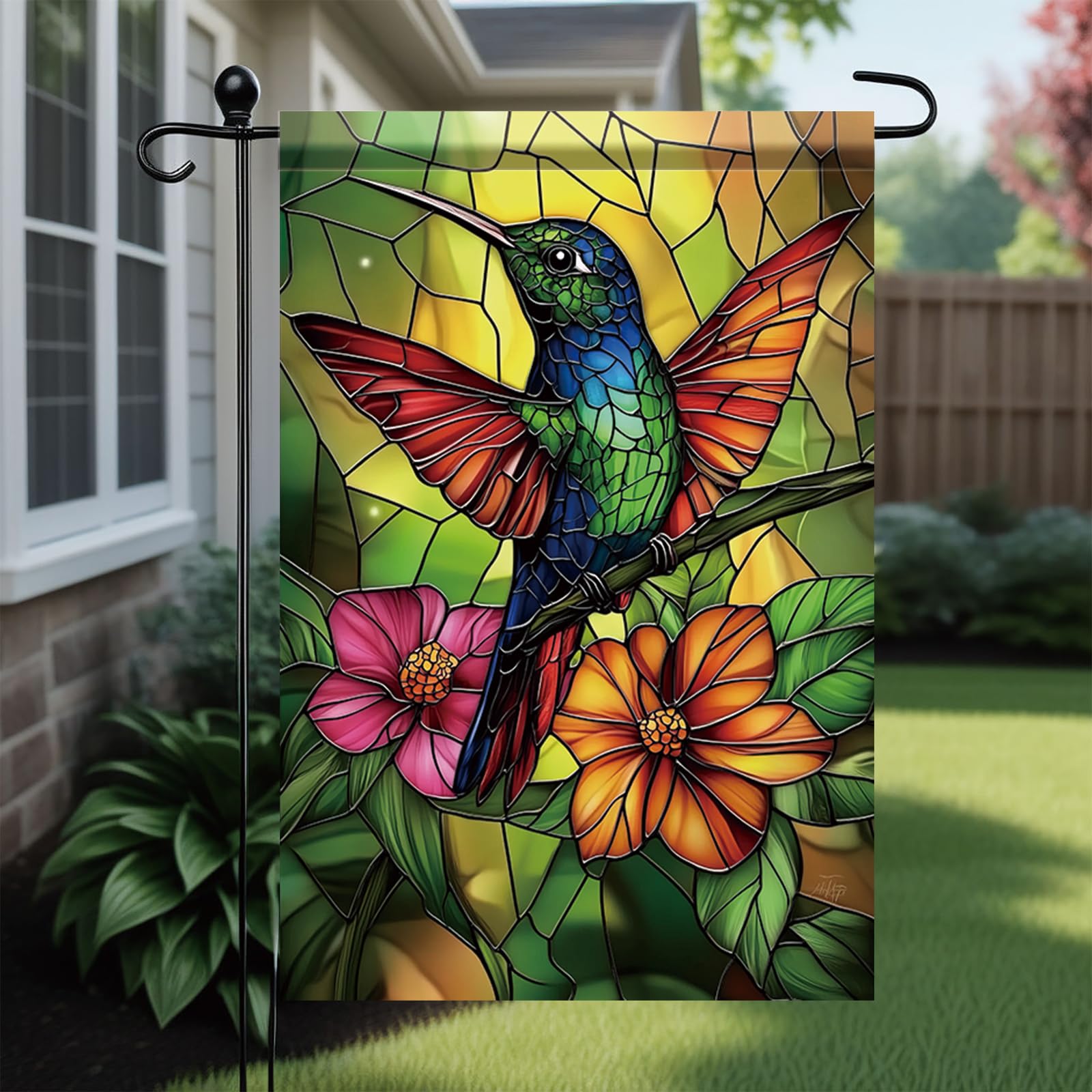 Saoplasa Starlit hummingbird flag back view shows double-sided design for viewing from all angles.