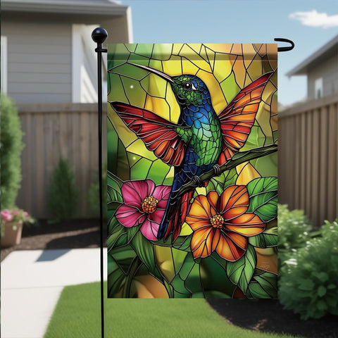 Saoplasa Starlit hummingbird flag closeup color emphasizes bold outlines and glass-like shine.