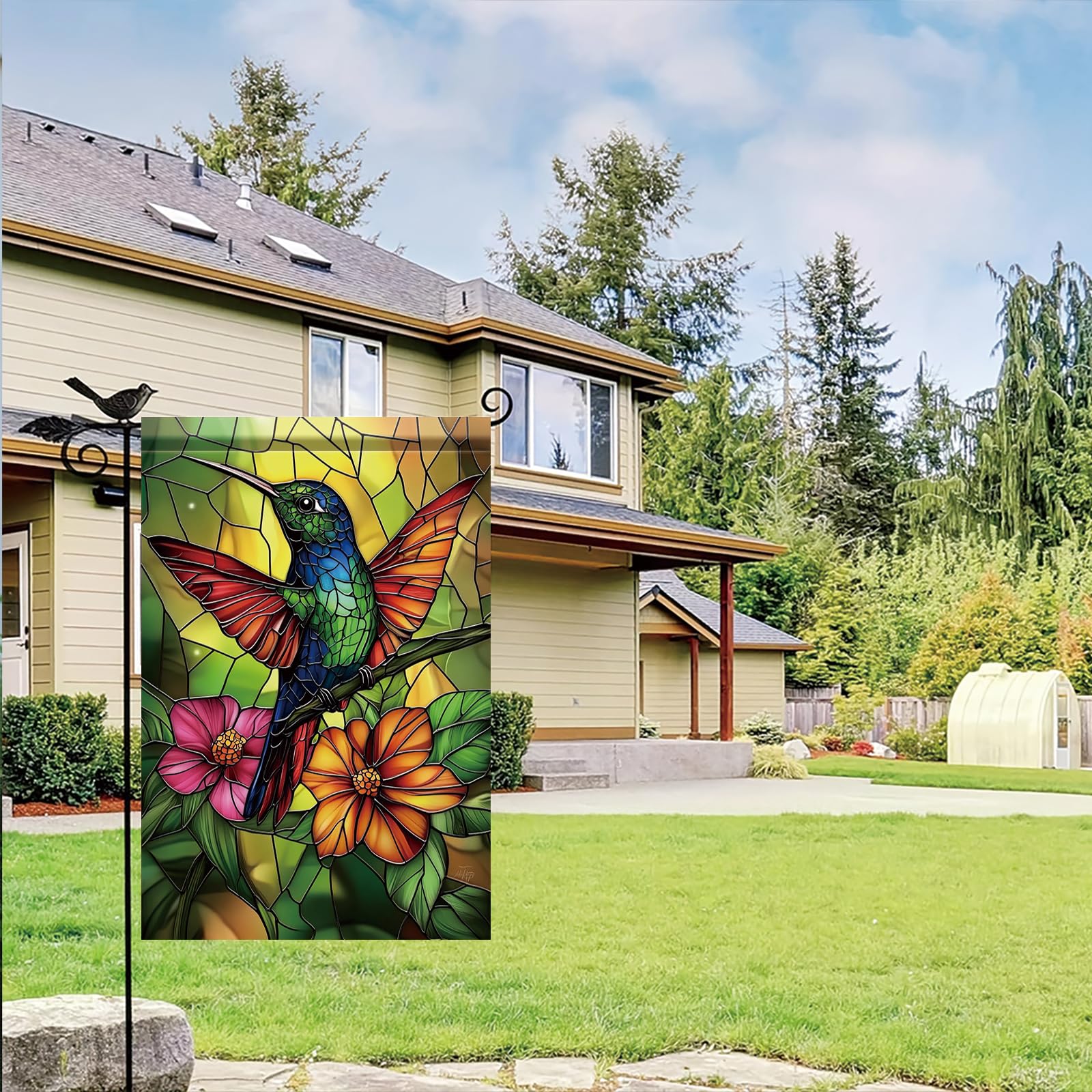 Saoplasa Starlit hummingbird flag decorative motif enhances curb appeal during seasonal blooms.