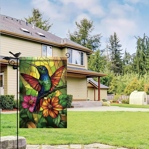 Saoplasa Starlit hummingbird flag decorative motif enhances curb appeal during seasonal blooms.