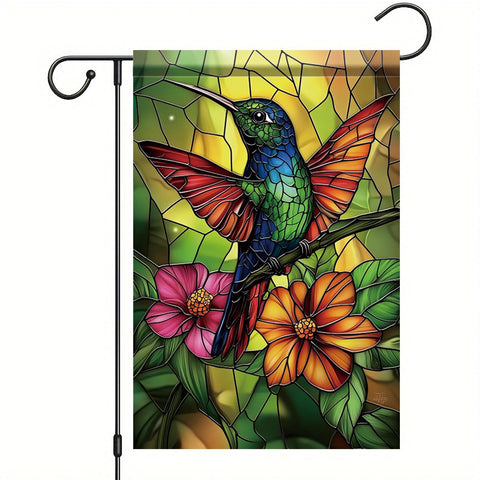 Saoplasa Starlit hummingbird flag front view highlights vibrant stained-glass colors for bright gardens.