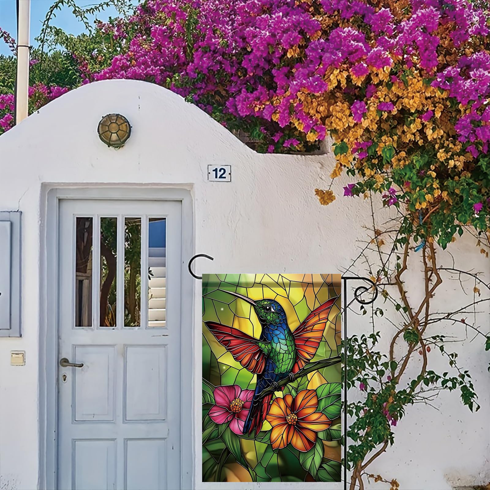 Saoplasa Starlit hummingbird flag in garden complements spring and summer outdoor spaces.