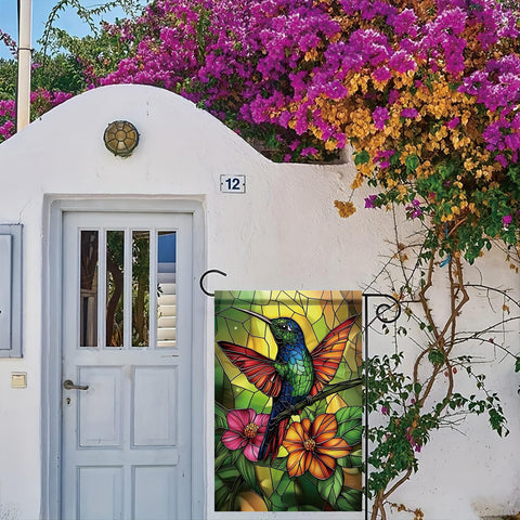 Saoplasa Starlit hummingbird flag in garden complements spring and summer outdoor spaces.