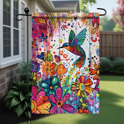 Saoplasa Starlit hummingbird floral welcome flag shows vivid color from front