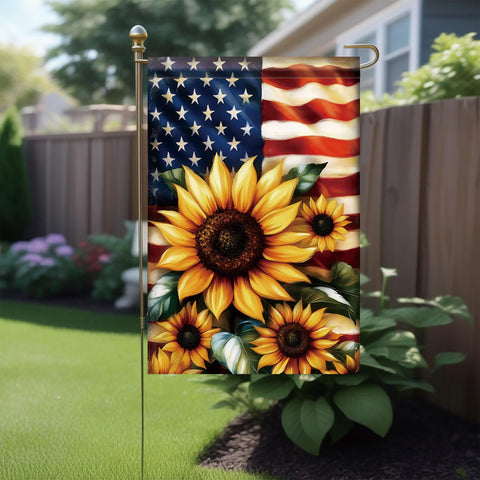 Saoplasa sunflower bouquet on flag enhances sunny yard decor.
