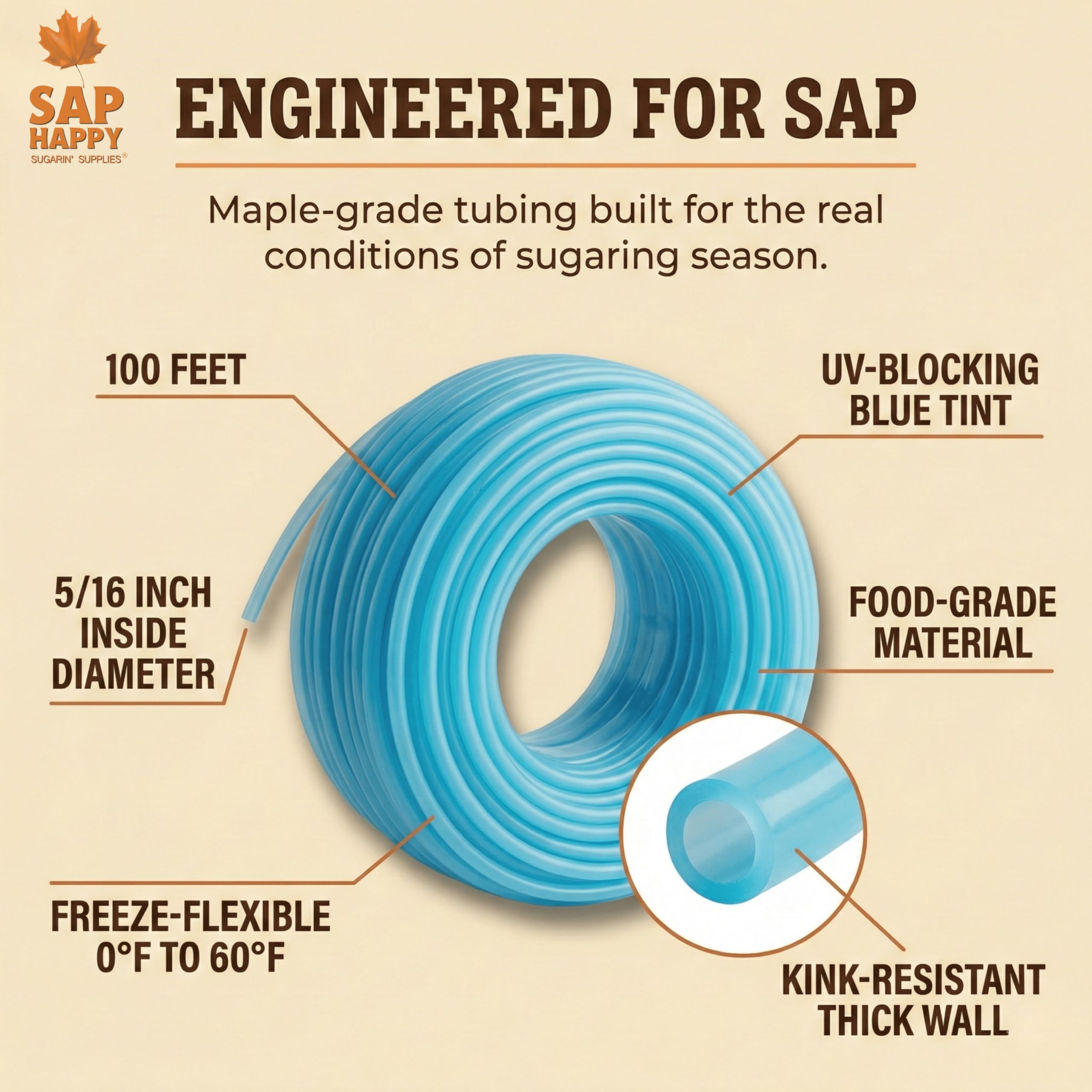 SAP HAPPY SUGARIN SUPPLIES 5-16in tubing connects directly to spiles for a tidy setup.