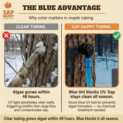 SAP HAPPY SUGARIN SUPPLIES azure-tinted tubing blocks UV to keep sap clear.