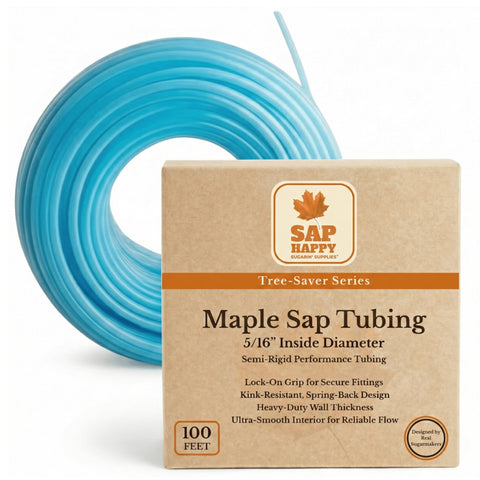 SAP HAPPY SUGARIN SUPPLIES maple tubing roll for a 100-foot backyard sugaring setup.