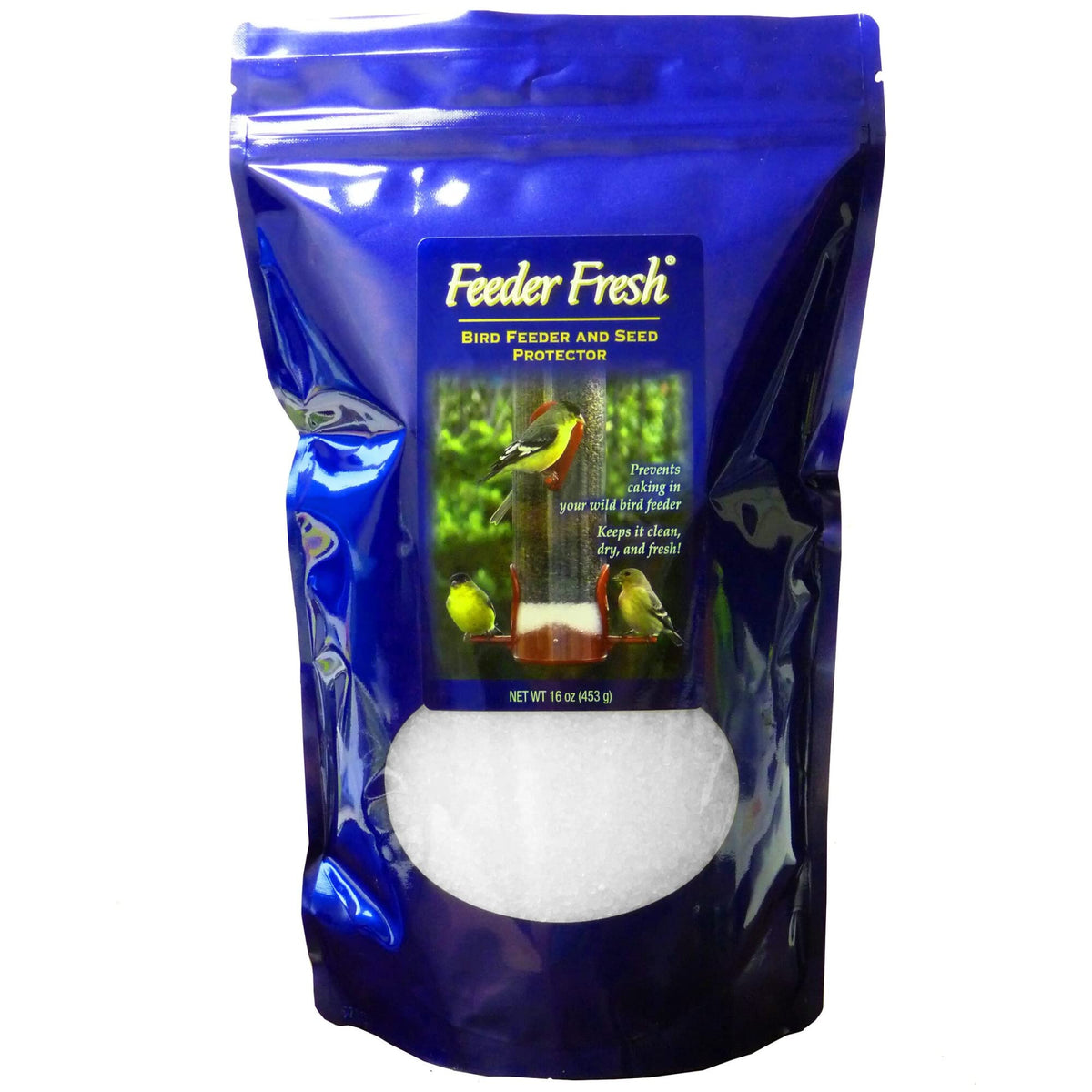 Sapphire Labs Feeder Fresh 16oz bag close-up shows moisture-trap preserving seed longevity.