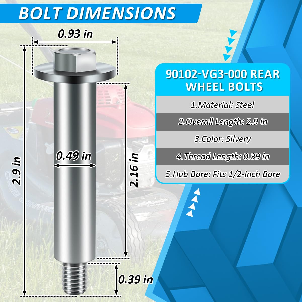 Rear wheel bolt 90102-VG3-000 on Honda mower shaft, replacement part