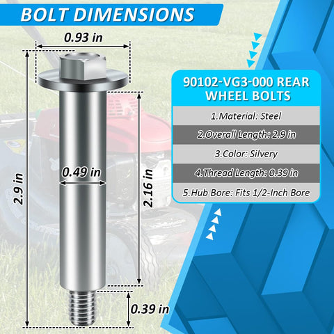 Rear wheel bolt 90102-VG3-000 on Honda mower shaft, replacement part