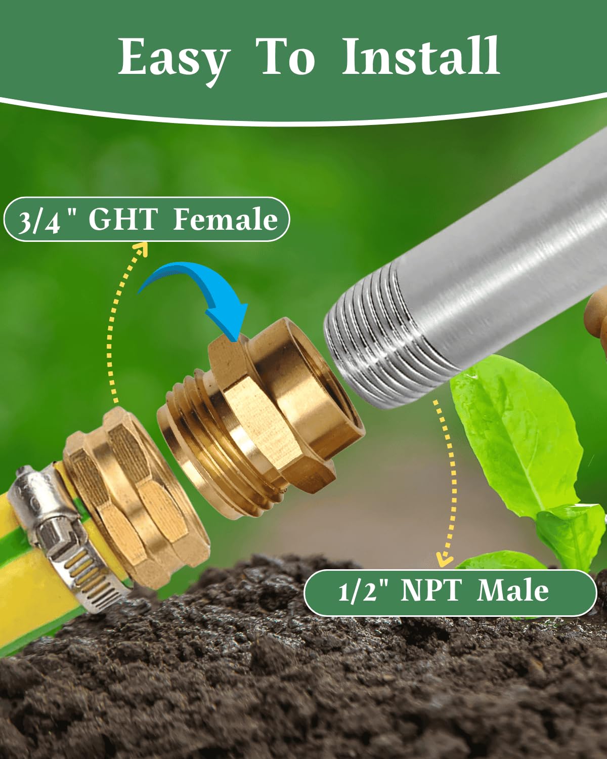 Saranice 12 NPT to 34 GHT adapter in use with a garden hose