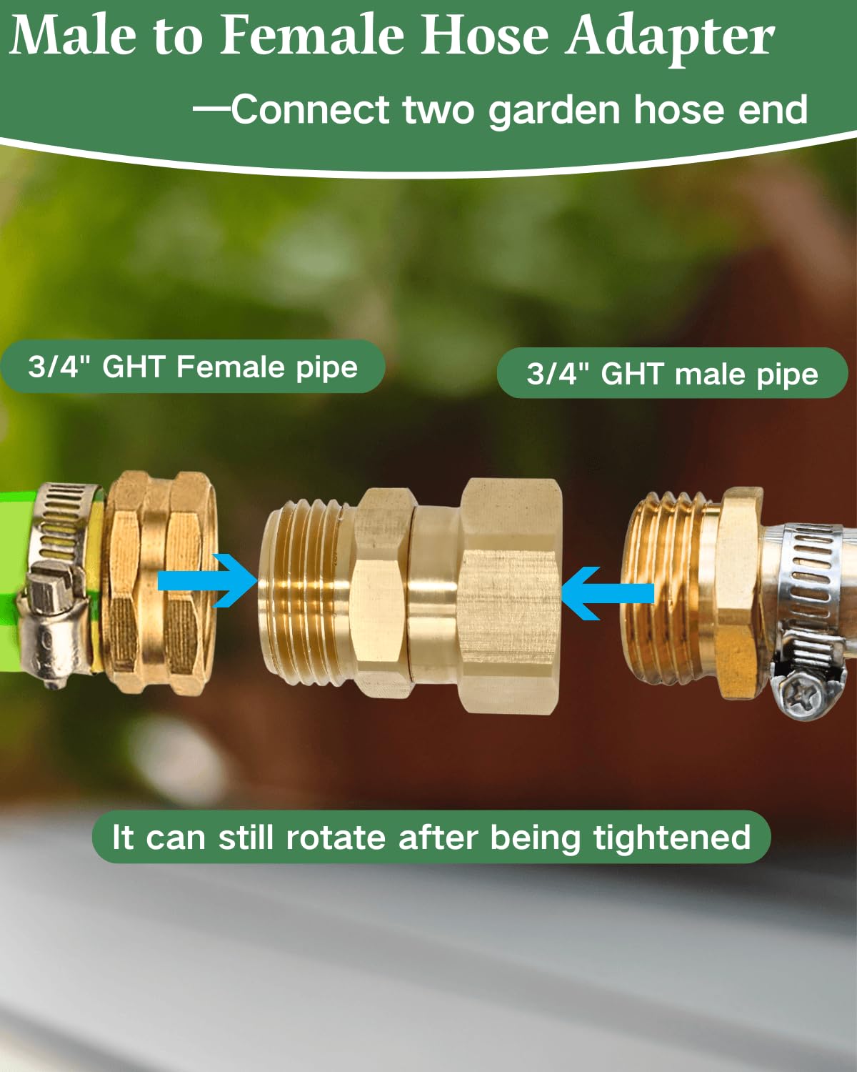 Saranice 3/4 GHT female to male adapter offers secure, standard threading.
