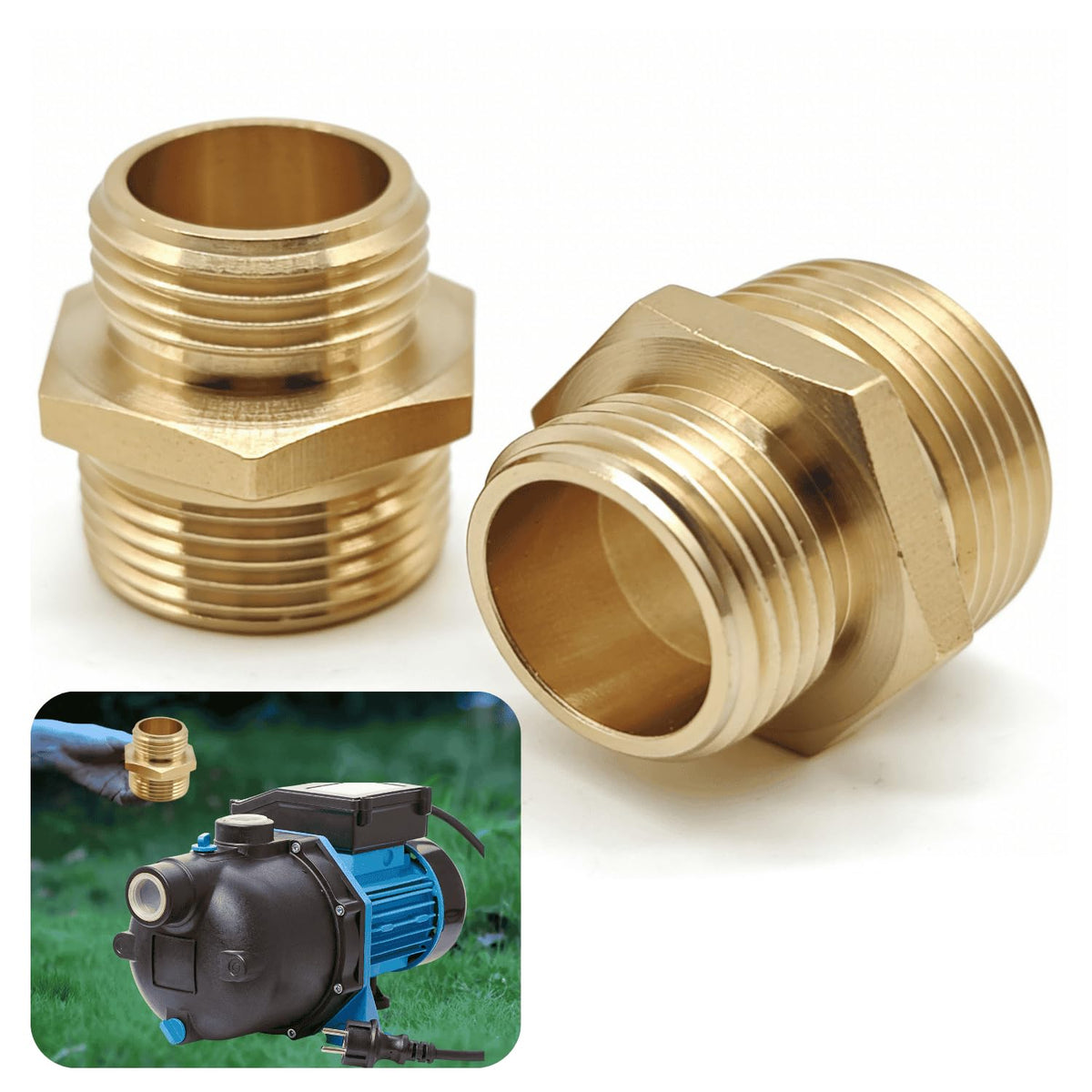SARANICE brass NPT to GHT adapter close-up showing no-leak design.