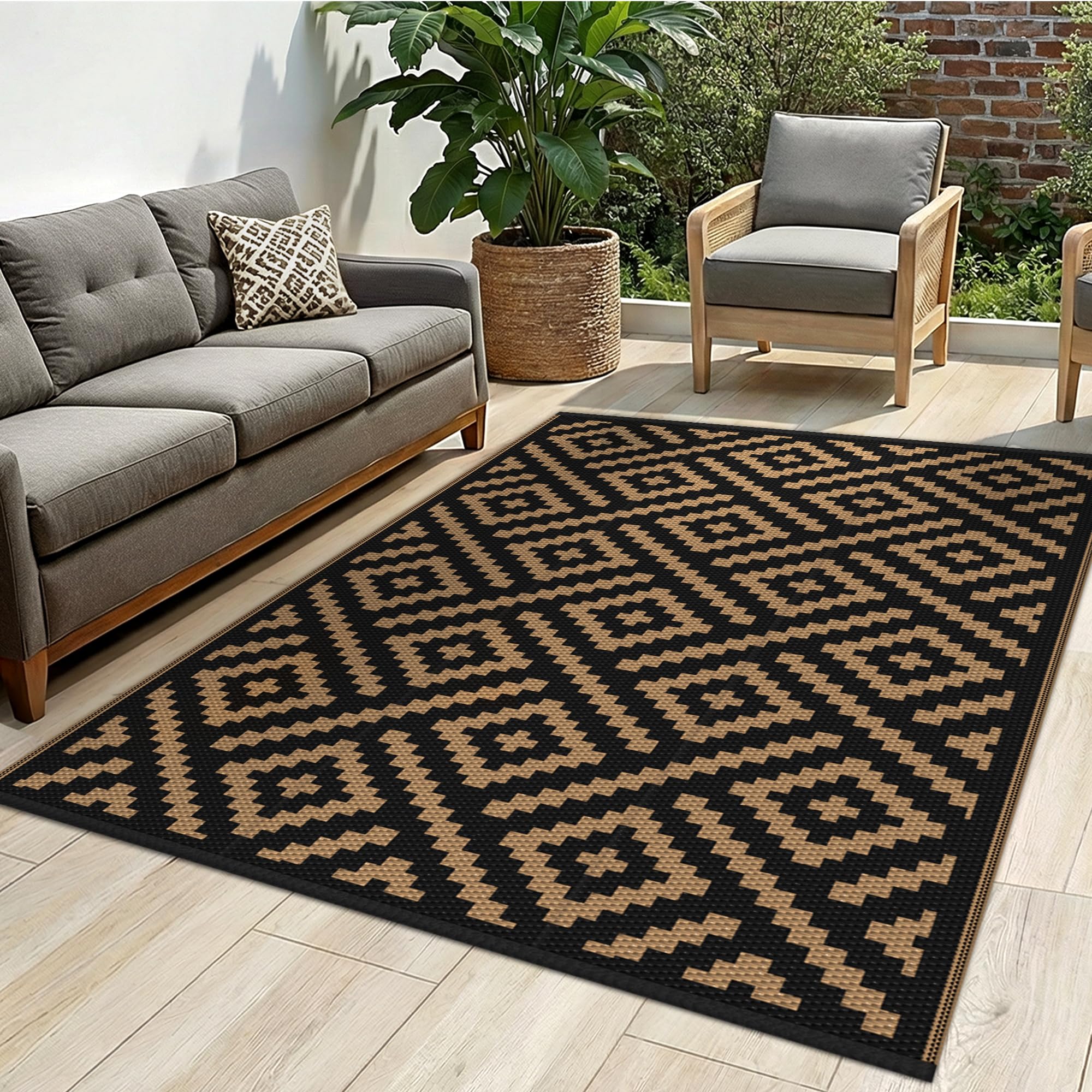 Sarben outdoor rug on deck shows soft comfort and 4x6ft coverage.