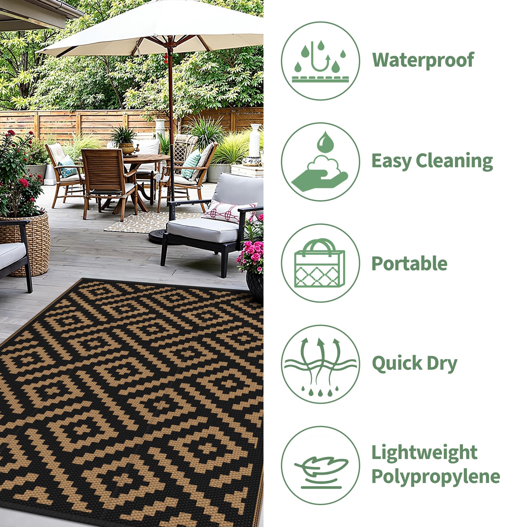 Sarben outdoor rug is lightweight and folds for camping and picnics.