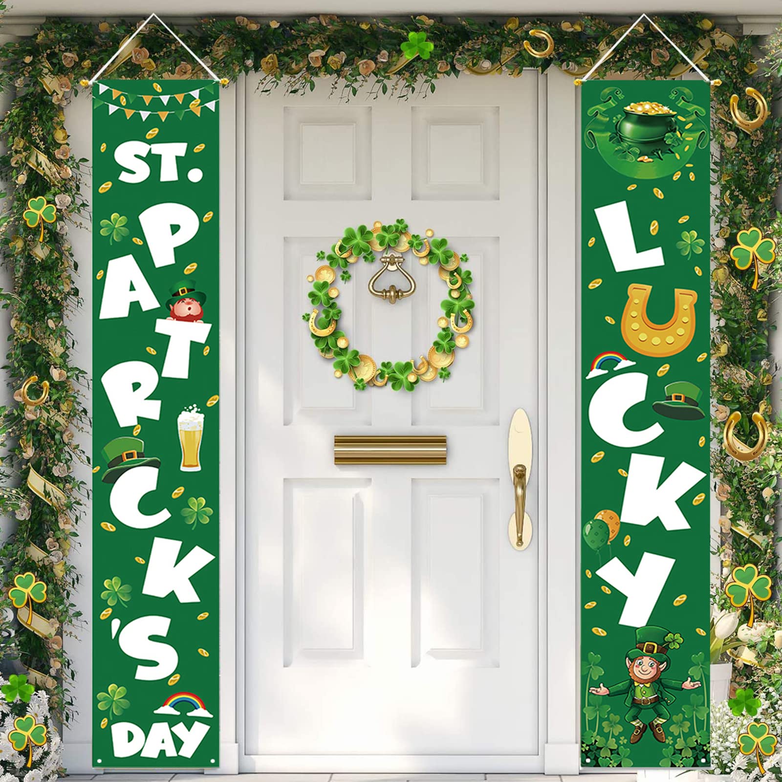 Sarybei St Patrick's Day porch banner with leprechaun decor enhances curb appeal