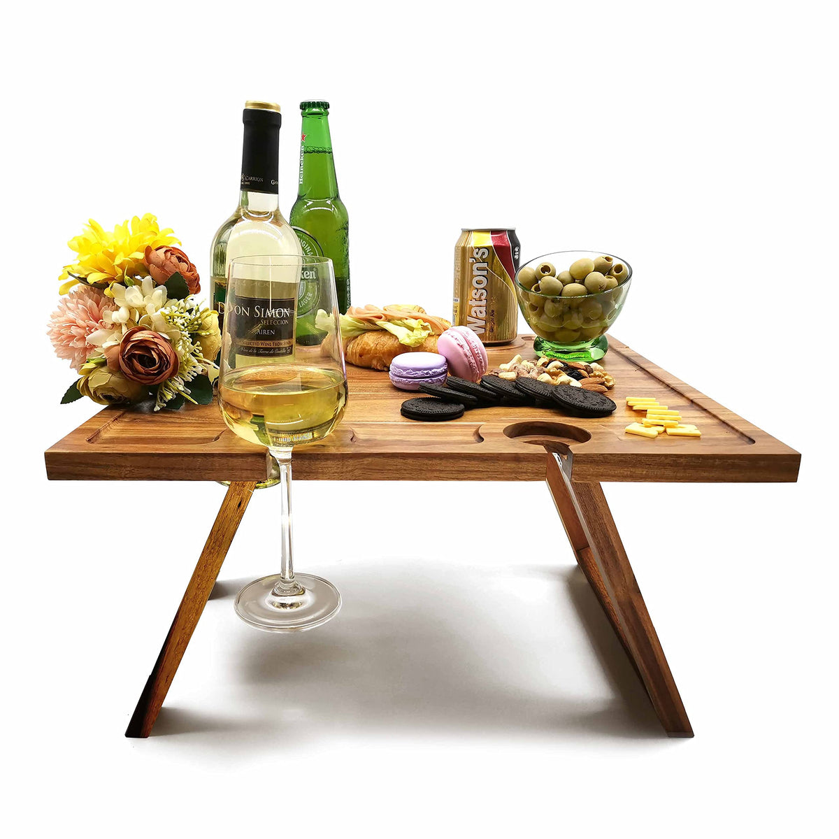 SASIDO portable wine picnic table in acacia wood, durable for outdoor seating and dining.