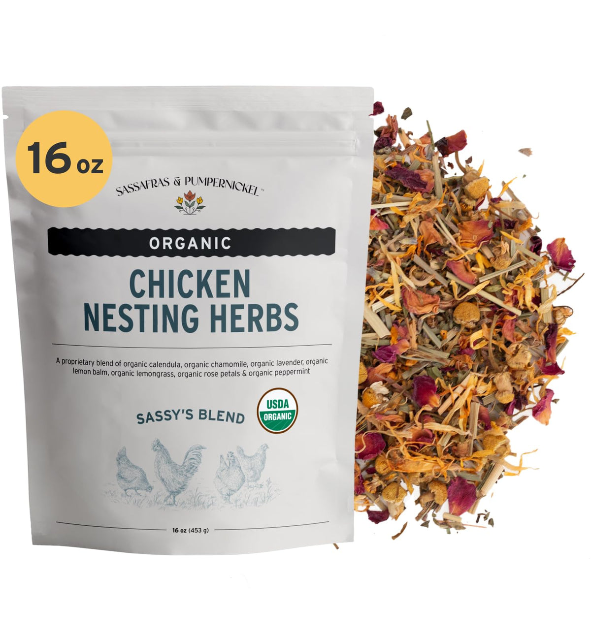 Sassafras & Pumpernickel rose petals for natural nesting scent and coop freshness.