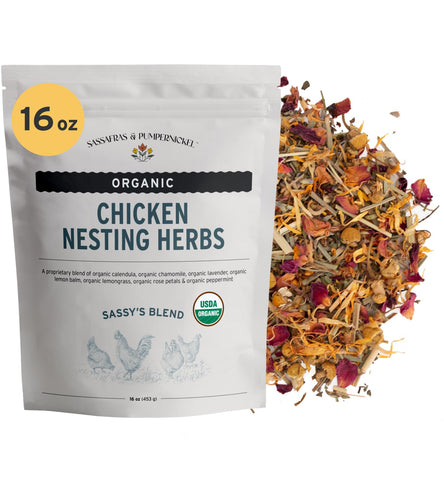 Sassafras & Pumpernickel rose petals for natural nesting scent and coop freshness.