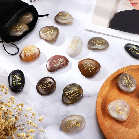 Sasyl Sylvia desk motivation stones brighten a workspace.