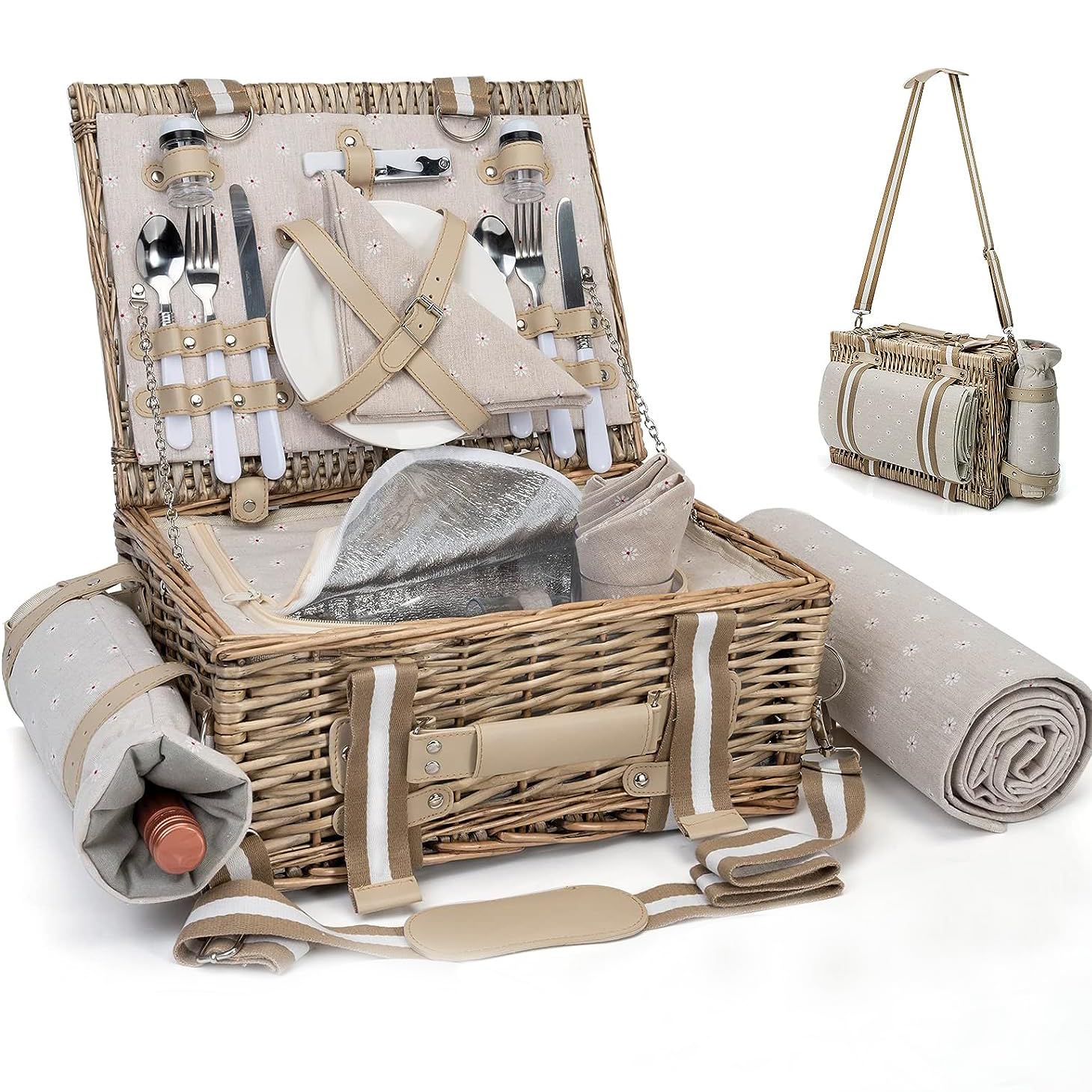 SatisInside 19Pcs picnic basket with insulated liner ready for two on outdoor adventures.