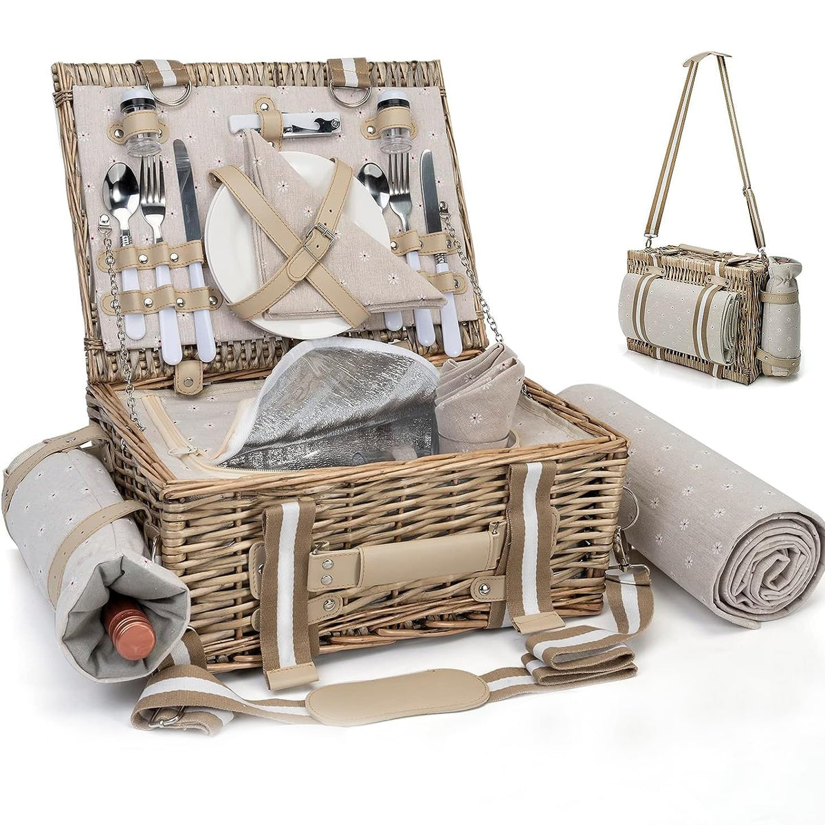 SatisInside 19Pcs picnic basket with insulated liner ready for two on outdoor adventures.