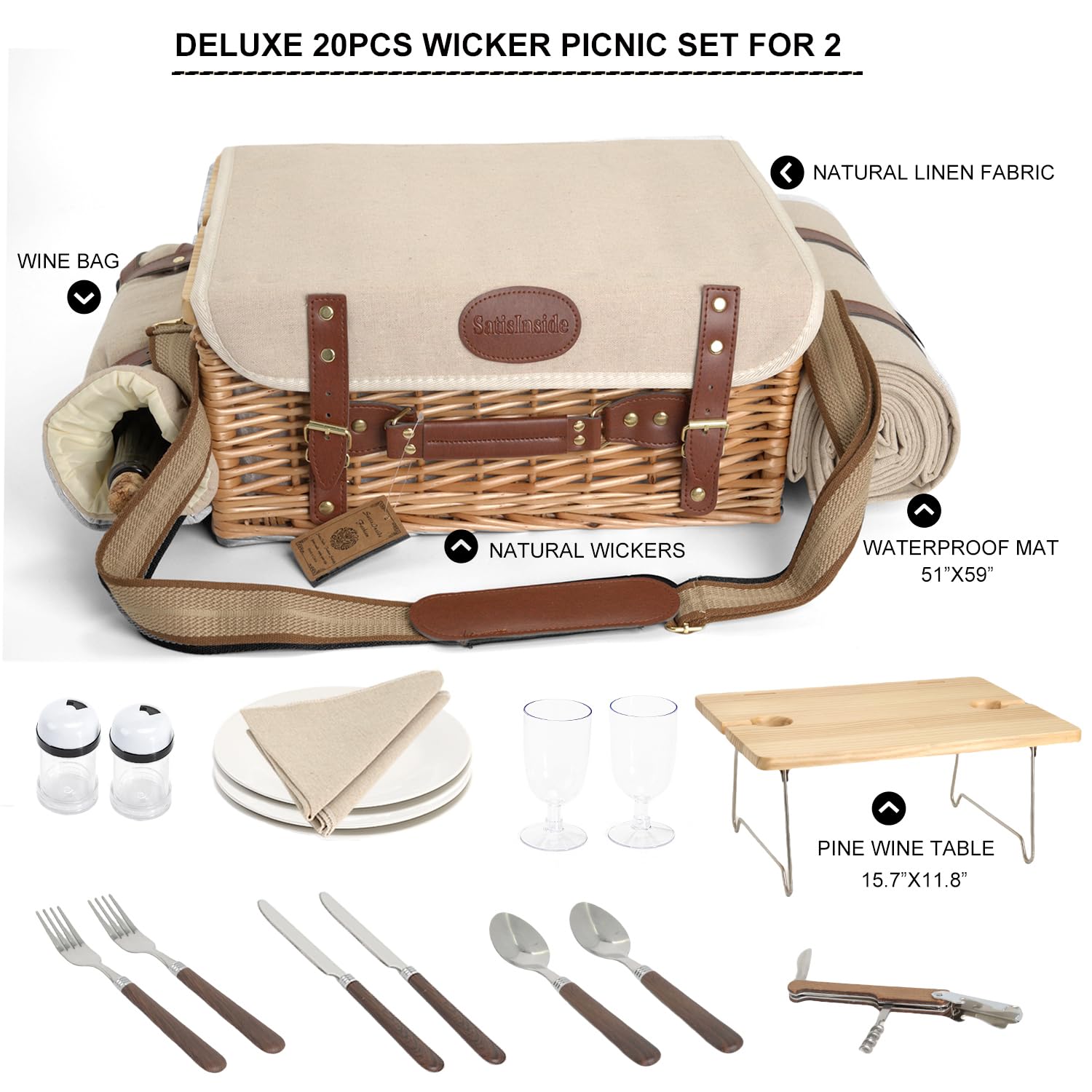 SatisInside 20-piece picnic gear covers plates, cutlery, and essentials for two.