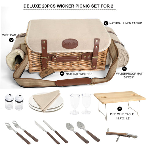 SatisInside 20-piece picnic gear covers plates, cutlery, and essentials for two.