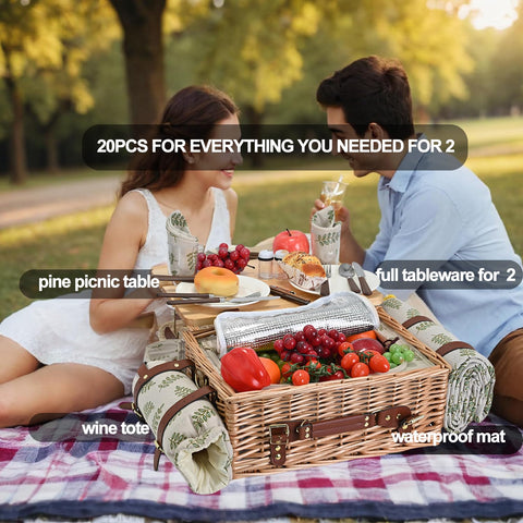 SatisInside 20-piece tableware set laid out for a complete two-person picnic.