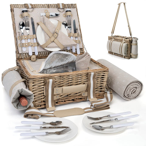 SatisInside 31pcs picnic basket with insulated liner keeps snacks cool during outdoor meals.