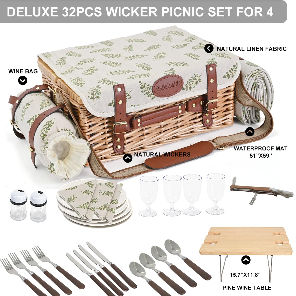 SatisInside Leaf waterproof blanket and wine bag included with set.
