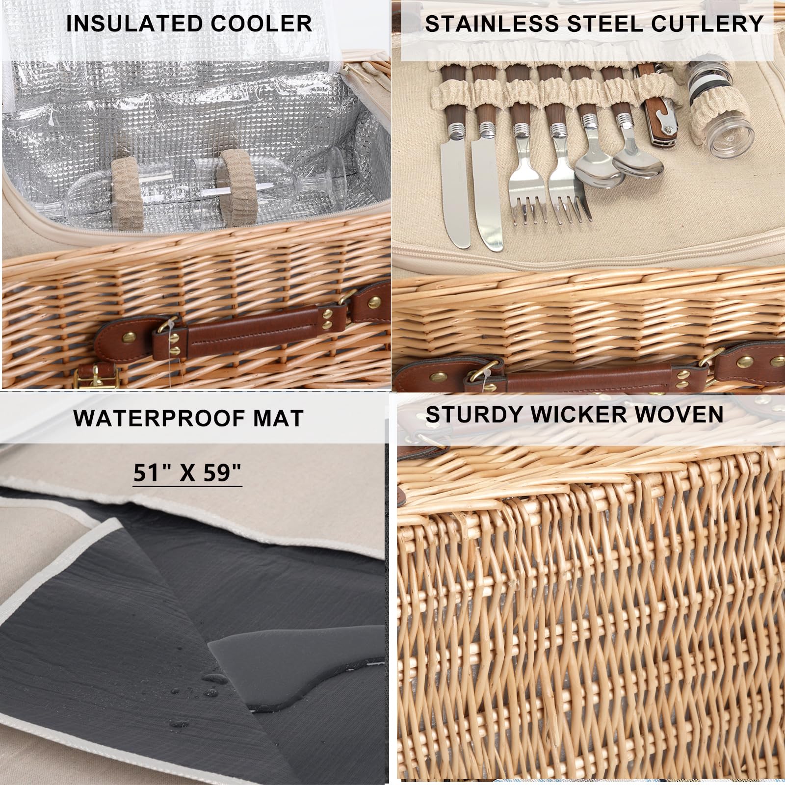 SatisInside leatherette handle and canvas strap offer easy, stylish transport.