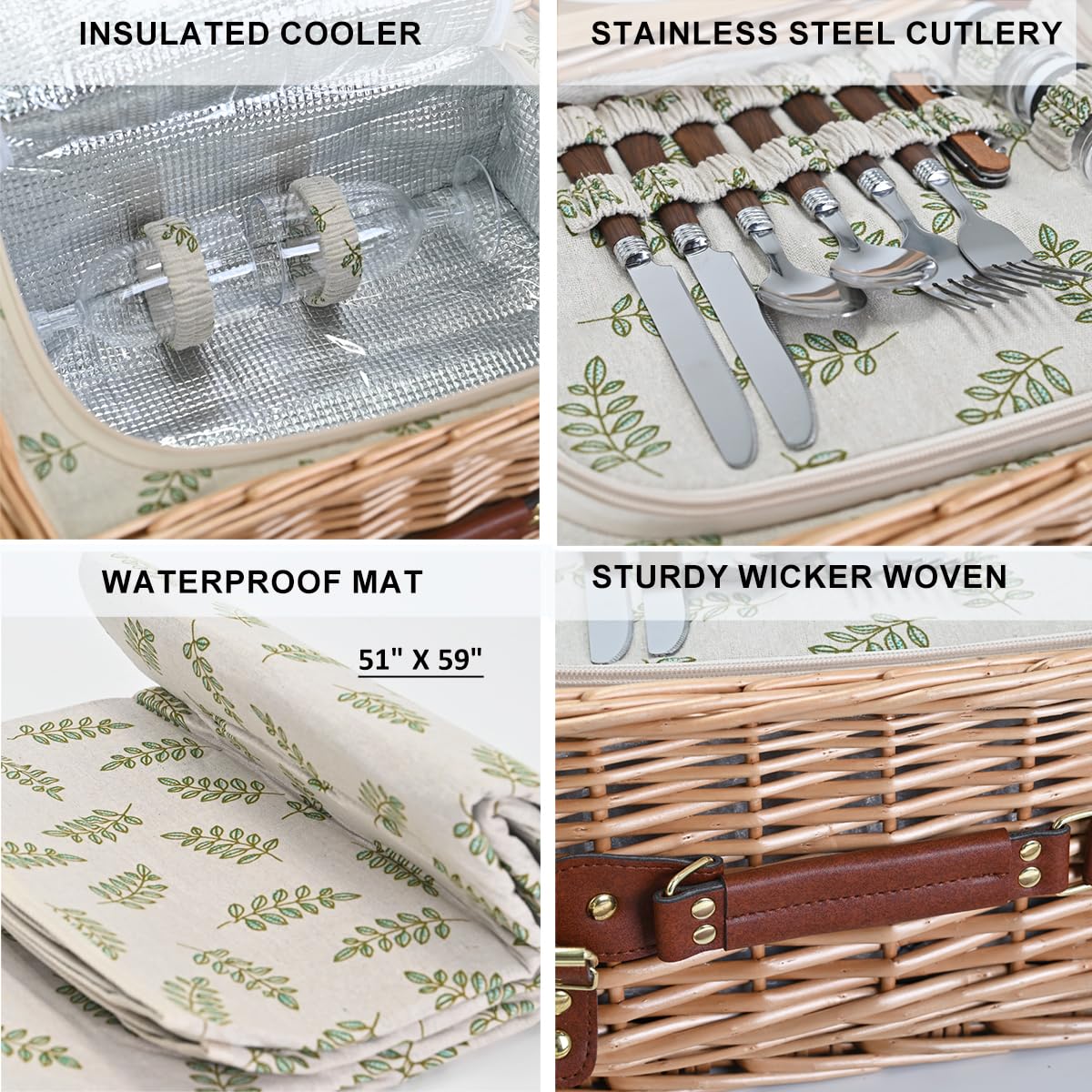 SatisInside 21L wicker basket showing full tableware set for two.