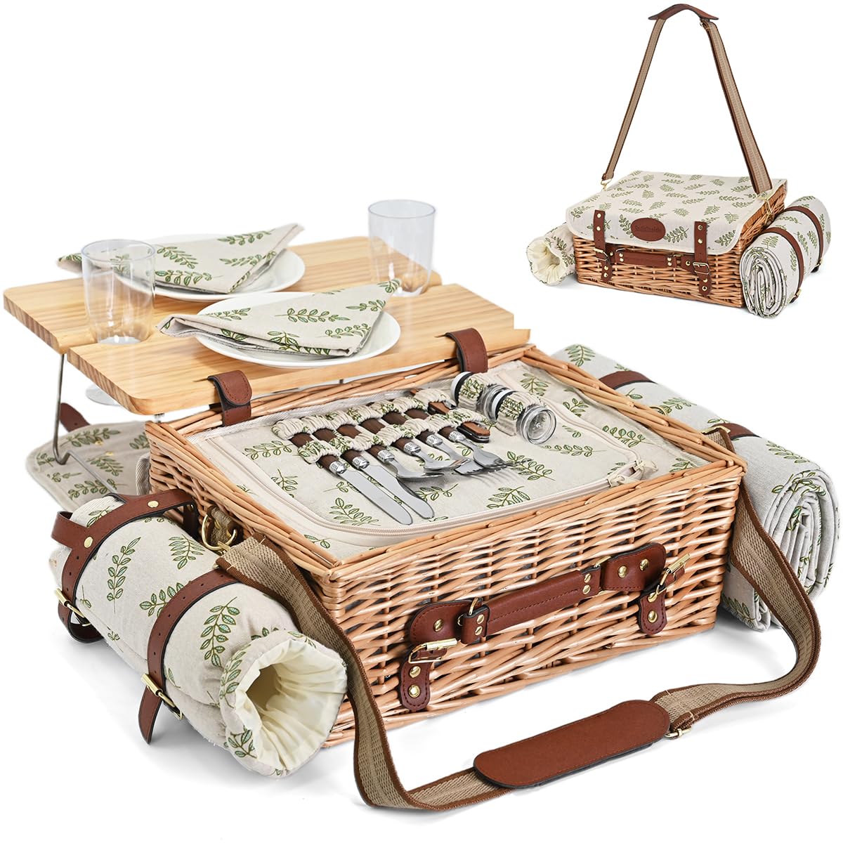 SatisInside multifunctional wicker picnic basket with insulated interior for outdoor dining.