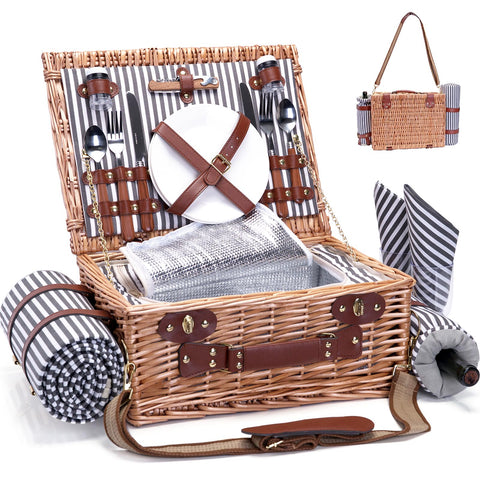 SatisInside wicker picnic basket with stripes offers durable outdoor dining
